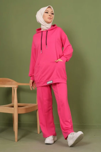 Fuşya Önü Etiketli İki İplik Tesettür Takım
