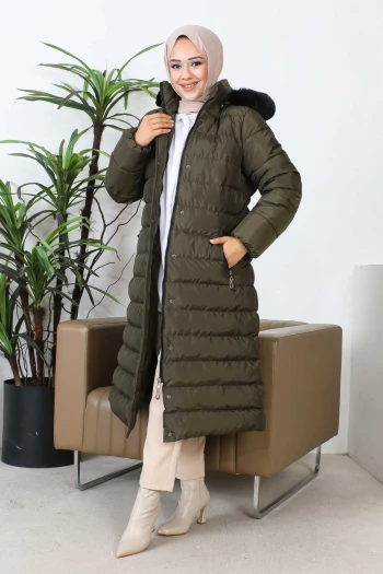 Haki Kapüşonlu Şişme Mont
