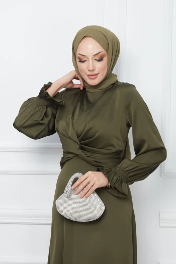 Haki Kol Gipeli Ön Detaylı Saten Abiye