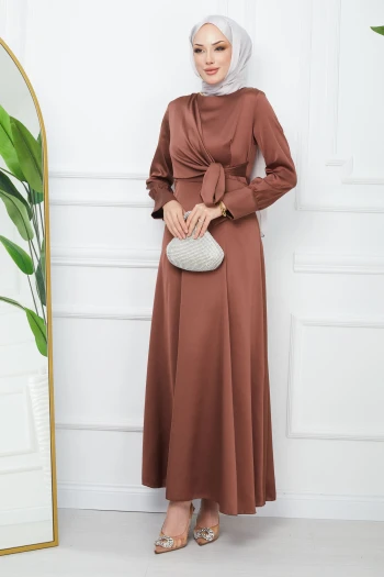 Kahverengi Bağlamalı Saten Abiye