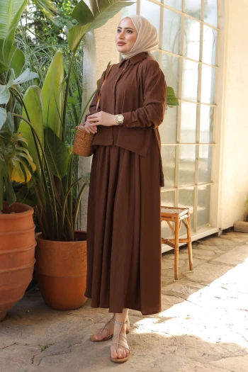 Kahverengi Ön Kısa Arka Uzun Gömlek Etek Bürümcük Takım