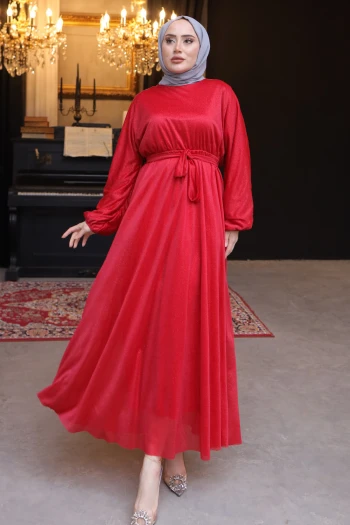 Kol Bel Lastikli Simli Tül Elbise