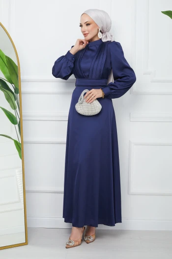 Lacivert Omuz Piliseli Saten Abiye