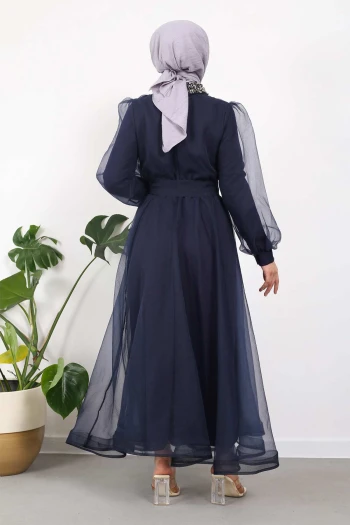 Lacivert Yaka Taşlı Balon Kol Abiye