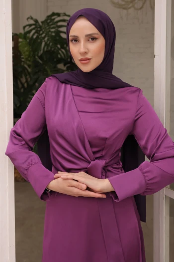 Lila Bağlamalı Saten Abiye