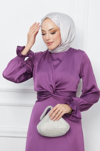 Lila Kol Gipeli Ön Detaylı Saten Abiye