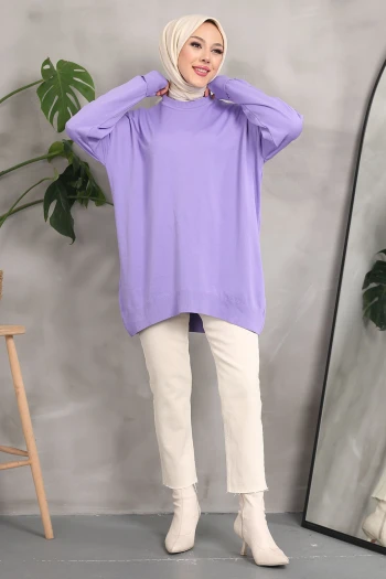 Lila Soğuk İplik Merserize Salaş Triko Kazak