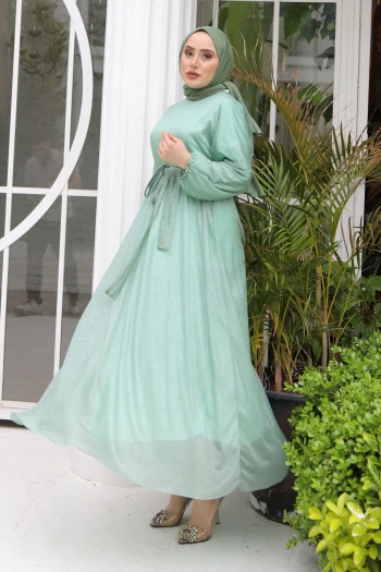 Mint Kol Bel Lastikli Simli Tül Elbise