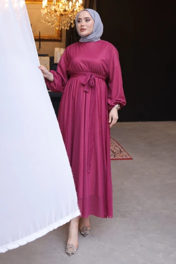 Mürdüm Kol Bel Lastikli Simli Tül Elbise