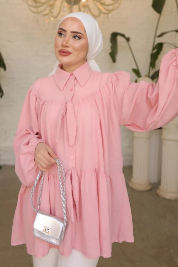 Pudra Balon Kol Ön Detaylı Keten Gömlek