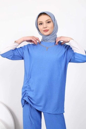 Saks Mavi Önden Büzgülü Kolyeli Bürümcük Takım