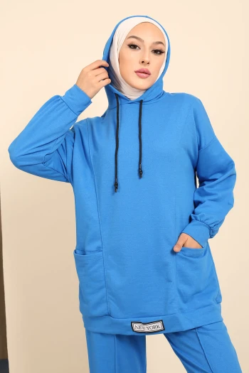 Saks Mavi Önü Etiketli İki İplik Tesettür Takım