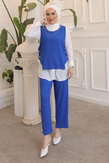 Saks Mavi Yanları Düğmeli Kolyeli Üçlü Bürümcük Takım