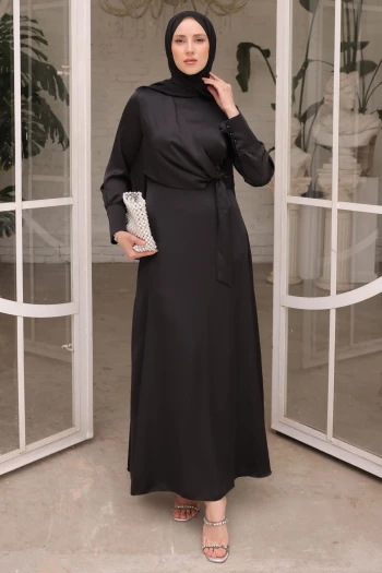 Siyah Bağlamalı Saten Abiye