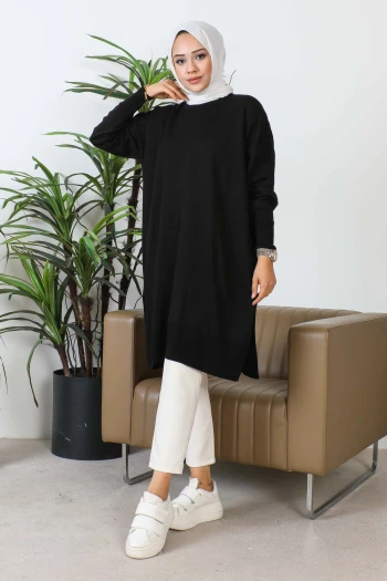 Siyah Bisiklet Yaka Merserize Salaş Triko Tunik