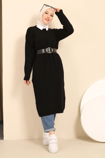 Siyah Bisiklet Yaka Triko Elbise Tunik