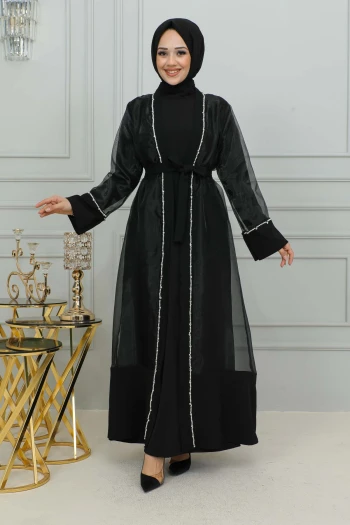 Siyah İnci Detaylı İkili Abaya Kombin Takım