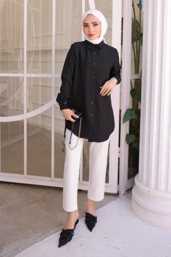 Siyah Kol Taşlı Ayrobin Gömlek