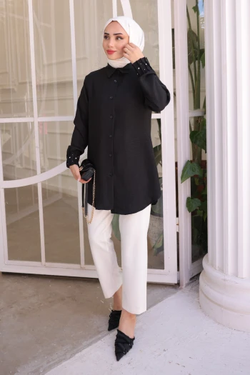 Siyah Kol Taşlı Ayrobin Gömlek