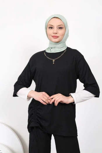 Siyah Önden Büzgülü Kolyeli Bürümcük Takım