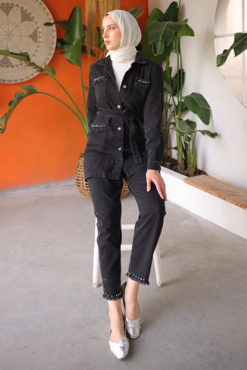 Siyah Taşlı İncili Püsküllü Kot Takım