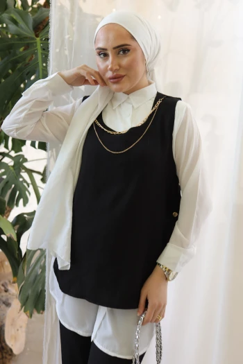 Siyah Yanları Düğmeli Kolyeli Üçlü Bürümcük Takım