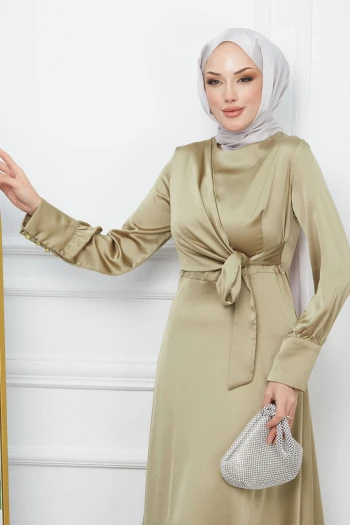 Yağ Yeşili Bağlamalı Saten Abiye