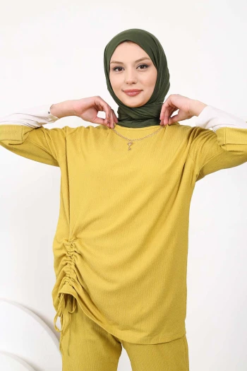 Yağ Yeşili Önden Büzgülü Kolyeli Bürümcük Takım