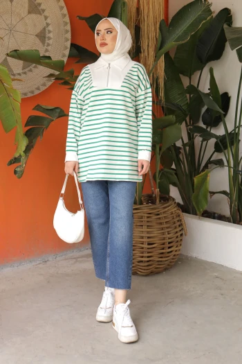 Yeşil Yaka Fermuarlı Çizgili İki İplik Sweatshirt