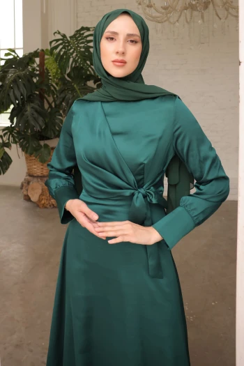 Zümrüt Yeşili Bağlamalı Saten Abiye