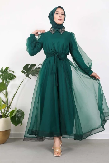 Zümrüt Yeşili Yaka Taşlı Balon Kol Abiye