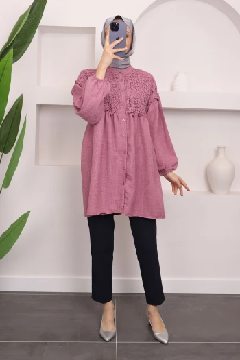 Gül Kurusu Dantelli Kol Lastikli Tunik