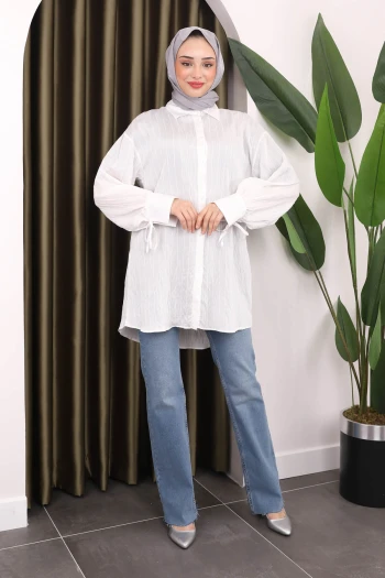 Krem Kol Detaylı Tunik