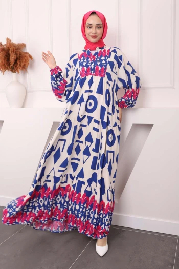 Saks Mavi Desenli Yarım Düğmeli Kol Lastikli Elbise