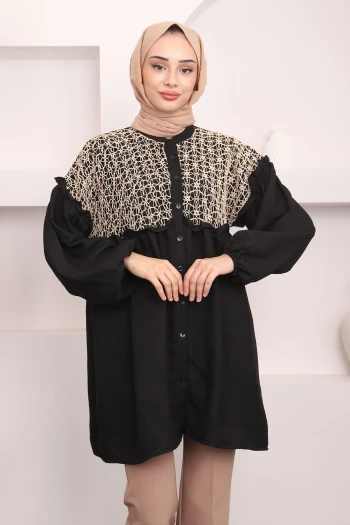 Siyah/Bej Dantelli Kol Lastikli Tunik