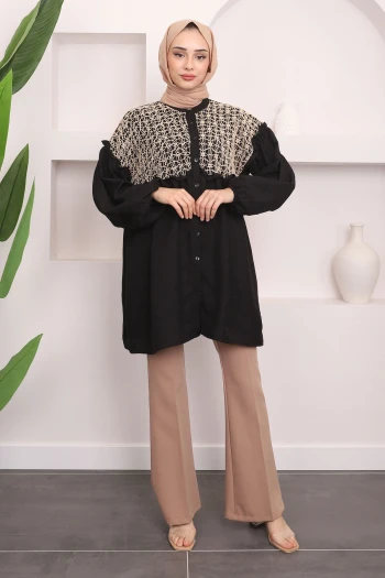 Siyah/Bej Dantelli Kol Lastikli Tunik