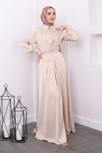 Bej Yakası Düğmeli Çapraz Kuşaklı Saten Abiye