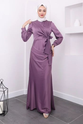 Gül Kurusu Ön Detaylı Drapeli Saten Abiye