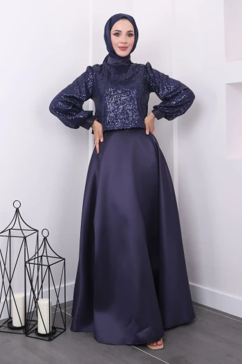 Lacivert Payet İşlemeli Bluz Etek İkili Abiye Takım