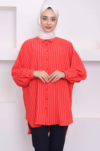 Nar Çiçeği Çizgili Salaş Gömlek