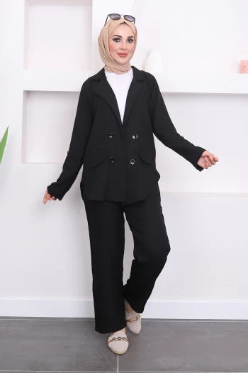 Siyah Sahte Cepli Ceketli Pantolon Takım