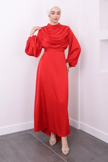 Yaka Detaylı Balon Kol Saten Abiye