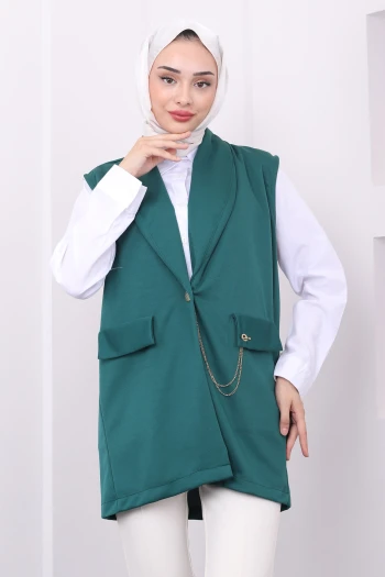 Zümrüt Yeşili Zincir Detaylı Yelek