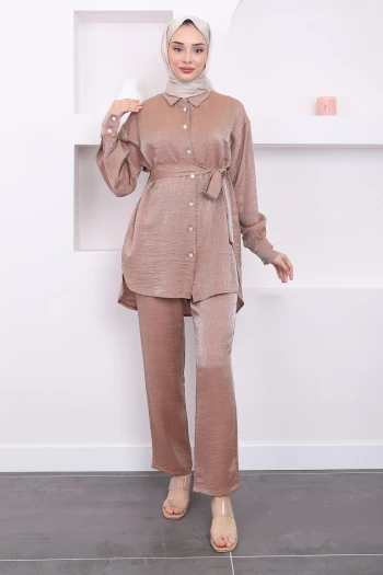 Camel Ön Düğmeli Tunik Pantolon Saten Takım