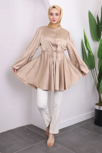 Camel Yaka Düğmeli Bel Büzgülü Tunik