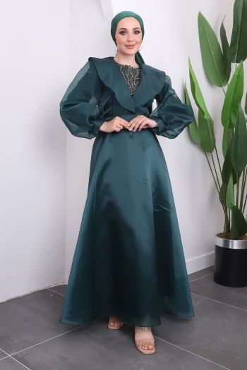 Zümrüt Yeşili Ön Detaylı Balon Kol Abiye