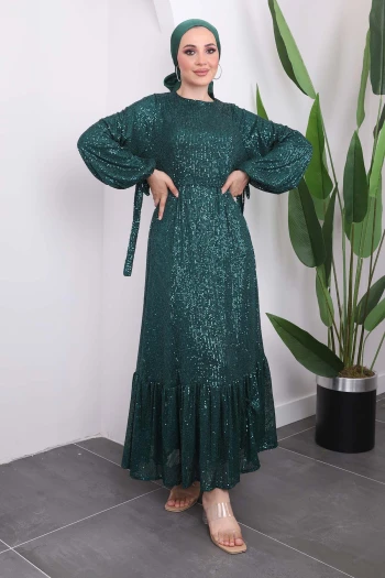 Zümrüt Yeşili Payetli Kolları Bağlamalı Abiye