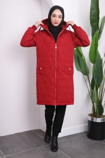 Bordo Kapşonlu Cepli Kapitone Şişme Mont