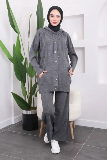Füme Fitilli Kapüşonlu Pantolon Üçlü Takım
