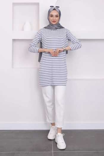 Gri Çizgili Uzun Kol Tunik